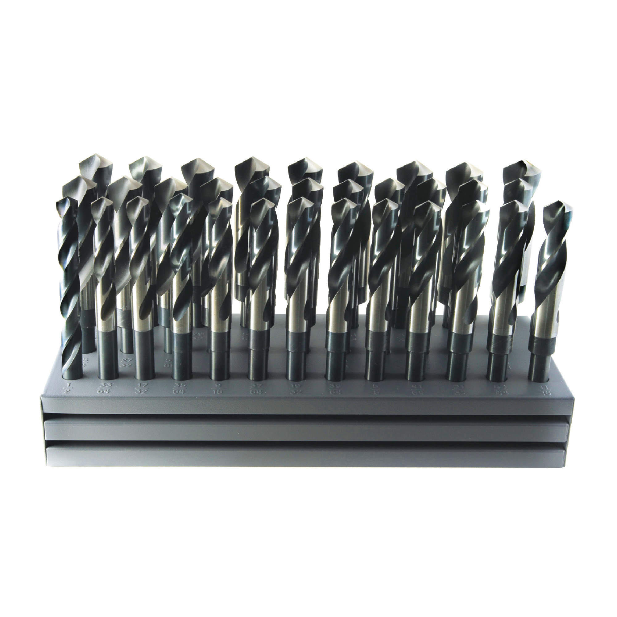 DRILLCO High Speed Steel 1/2" Shank Silver & Deming Drill Stand 1/2"-1" x 64ths W/ Drills 1000A32