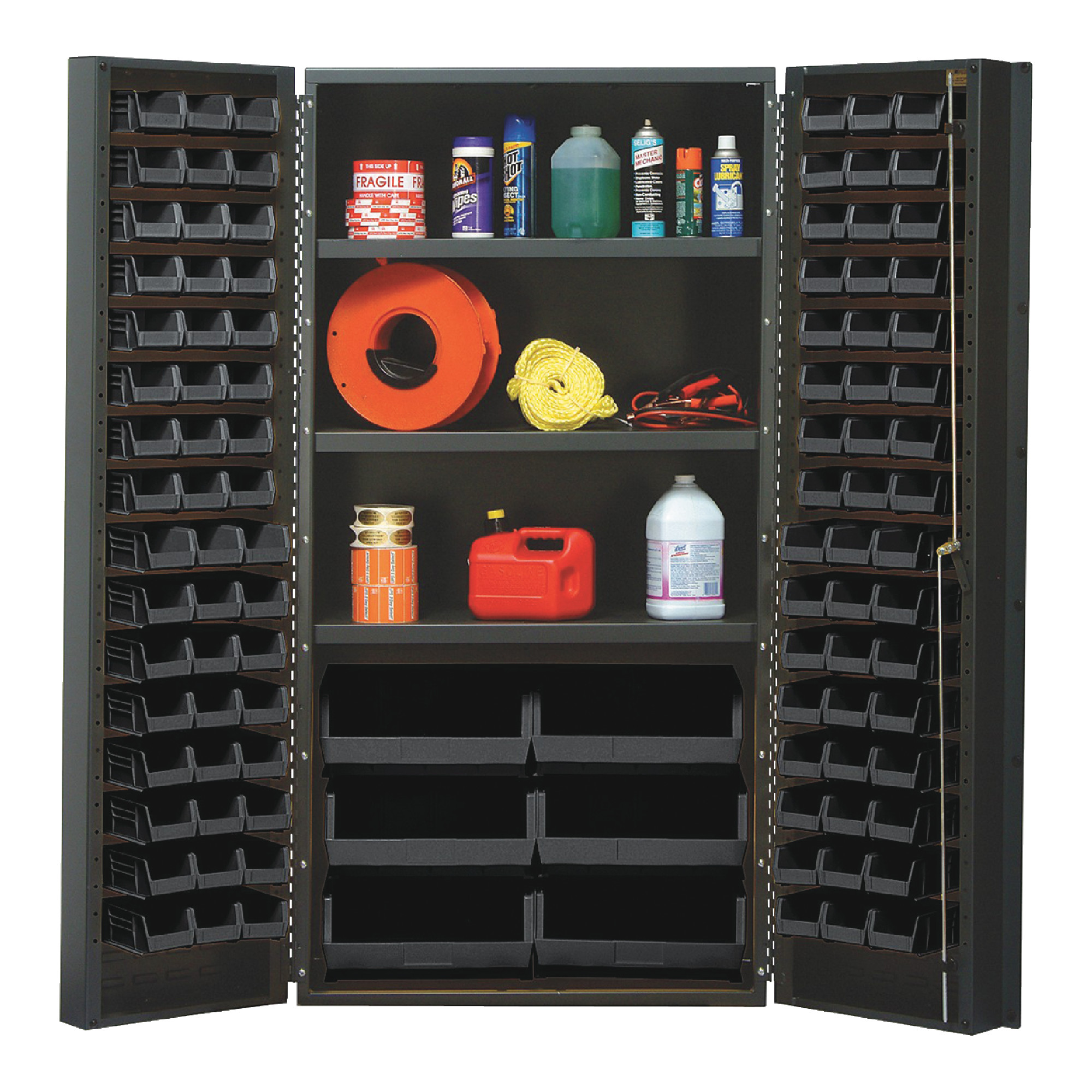 QUANTUM STORAGE SYSTEMS 36" Wide All Welded Floor Cabinet With 102 Black Bins