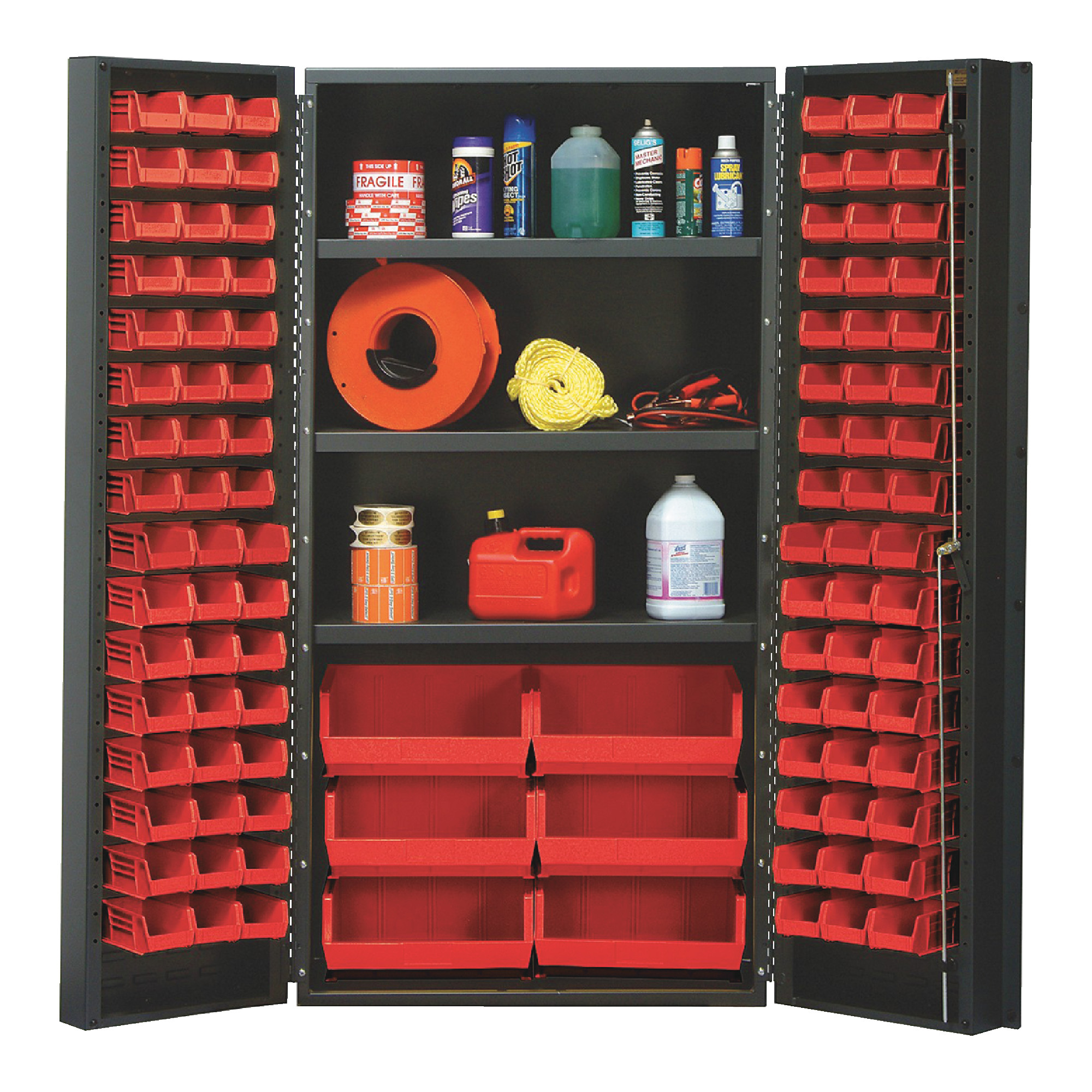 QUANTUM STORAGE SYSTEMS 36" Wide All Welded Floor Cabinet With 102 Red Bins