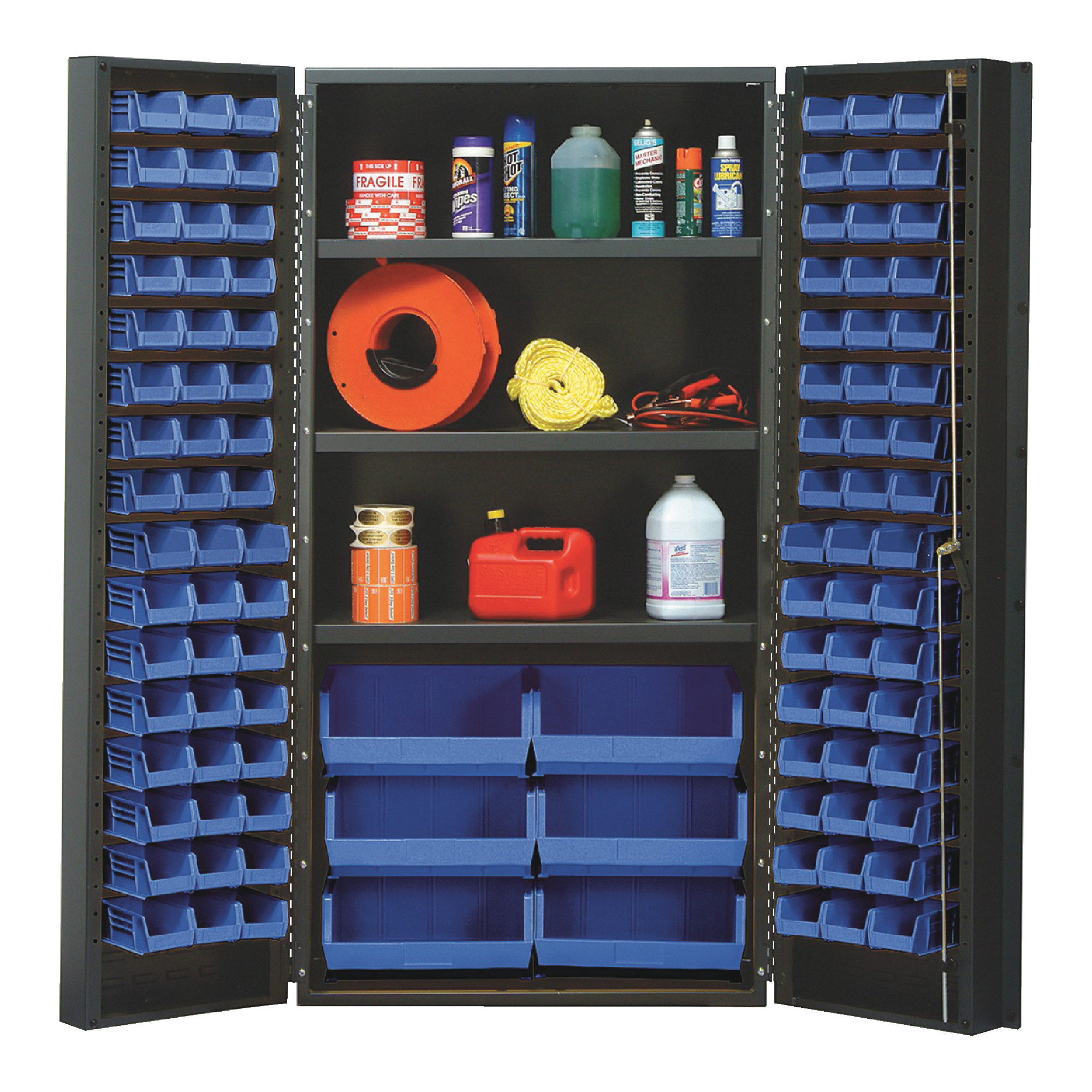QUANTUM STORAGE SYSTEMS 36" Wide All Welded Floor Cabinet With 102 Blue Bins