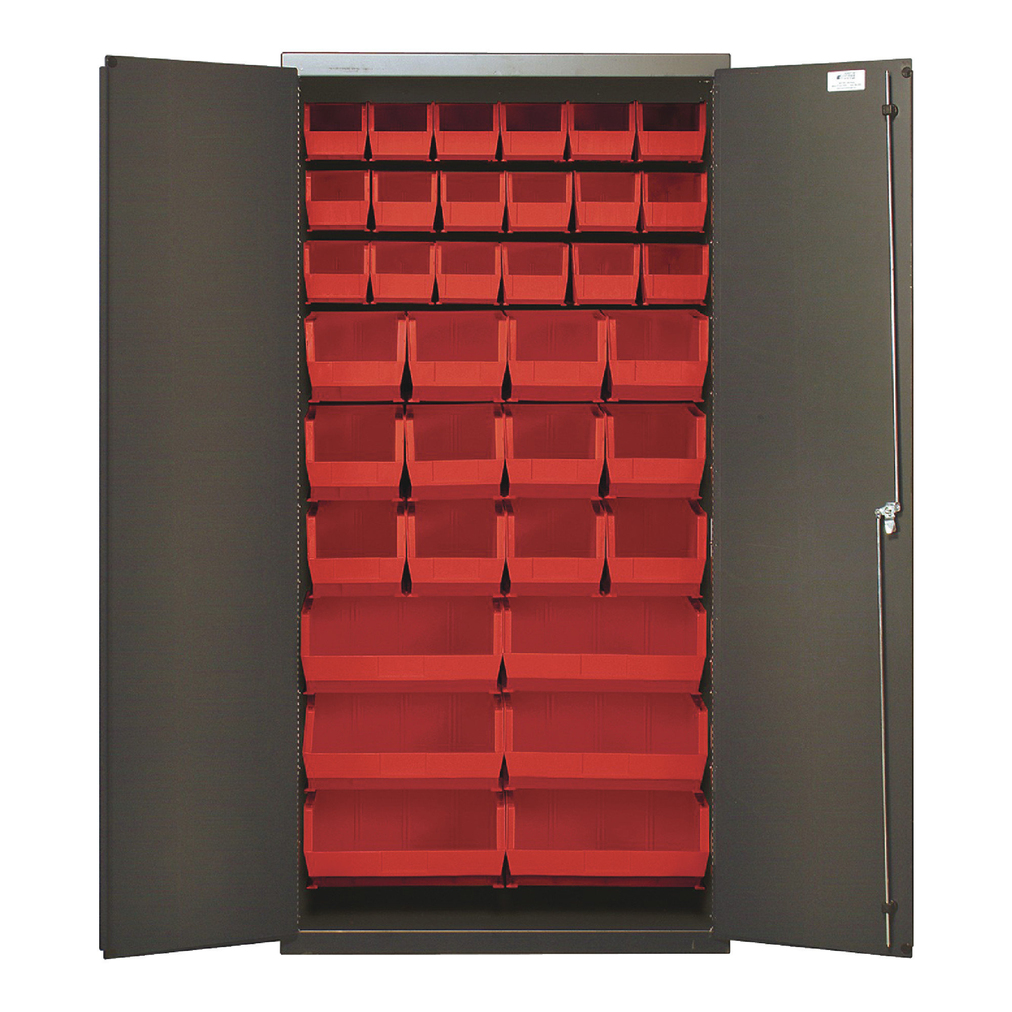 QUANTUM STORAGE SYSTEMS 36" Wide All Welded Floor Cabinet With 36 Red Bins