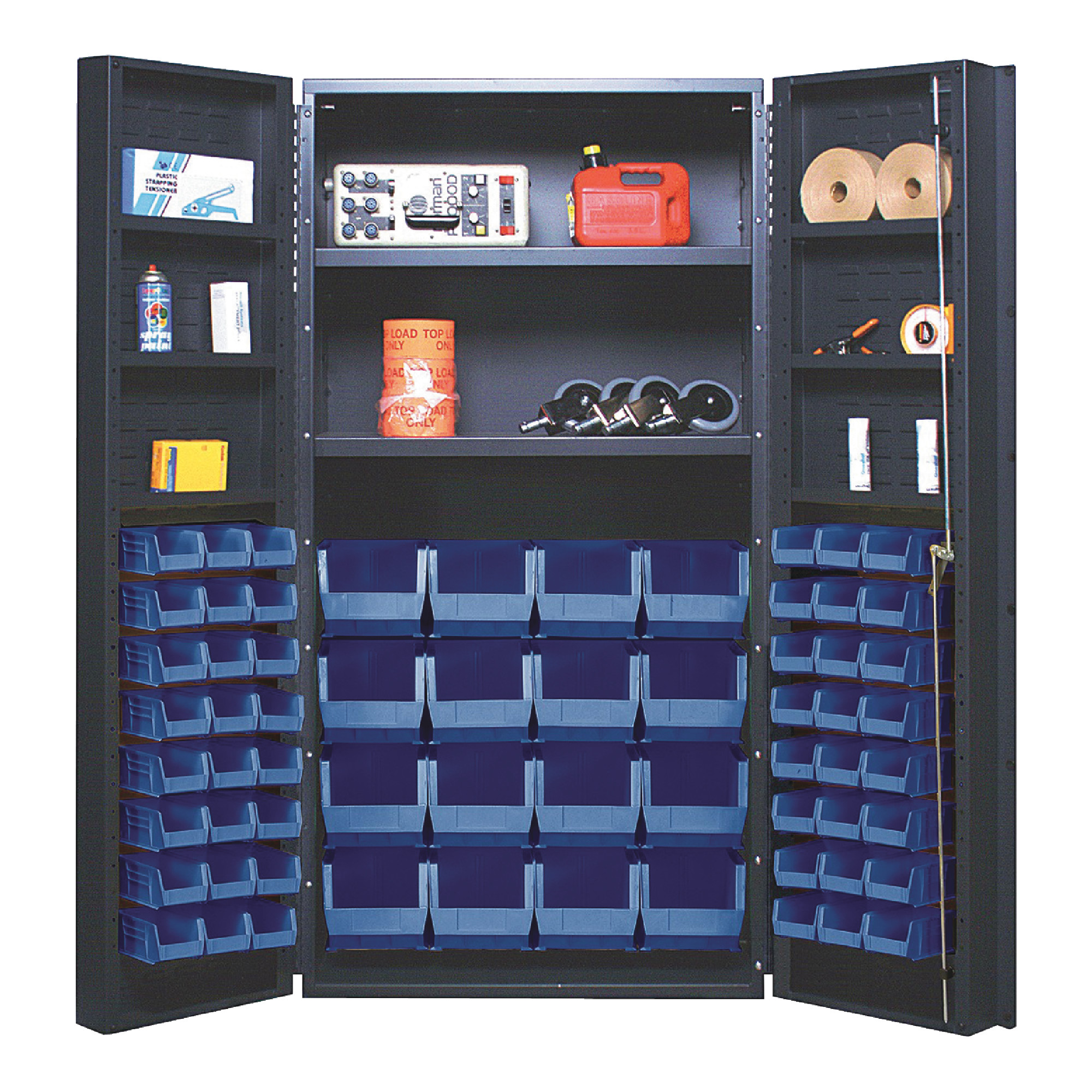 QUANTUM STORAGE SYSTEMS 36" Wide All Welded Floor Cabinet With 64 Blue Bins