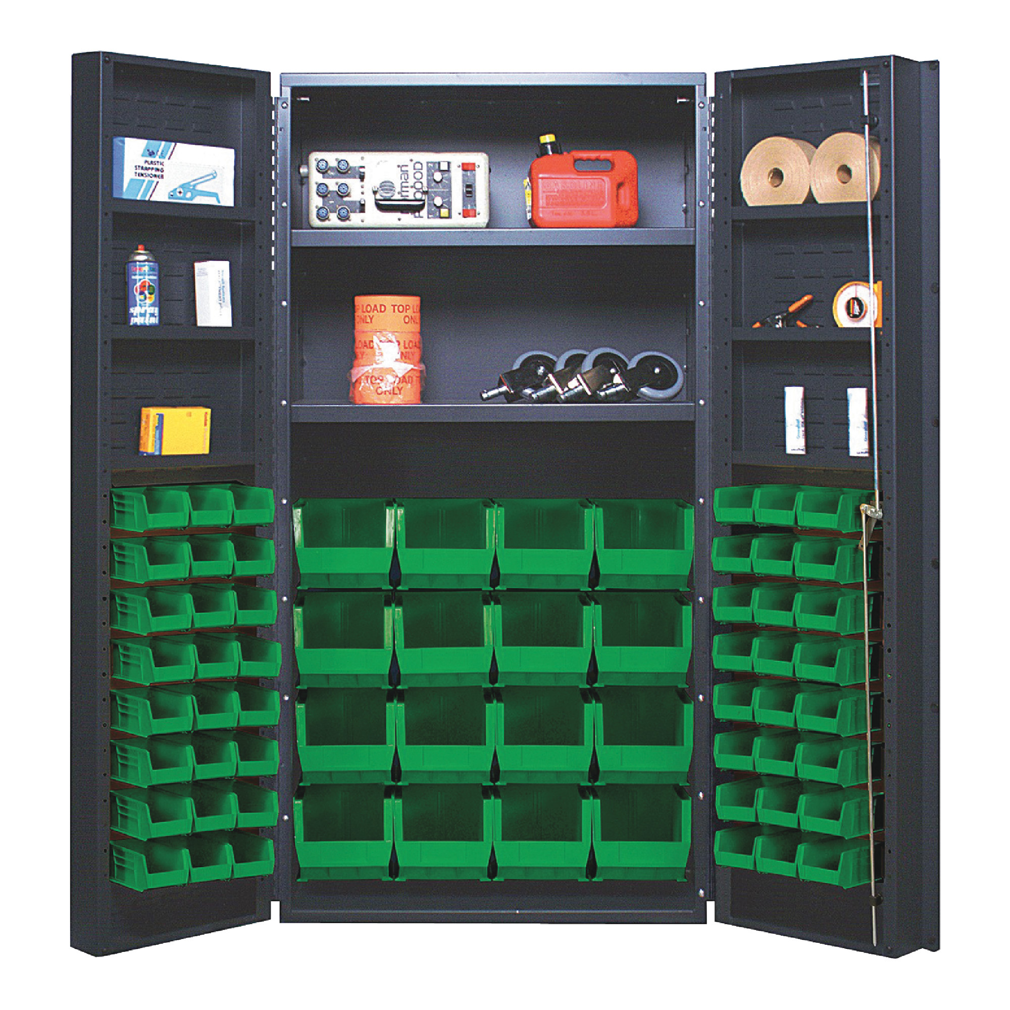 QUANTUM STORAGE SYSTEMS 36" Wide All Welded Floor Cabinet With 64 Green Bins
