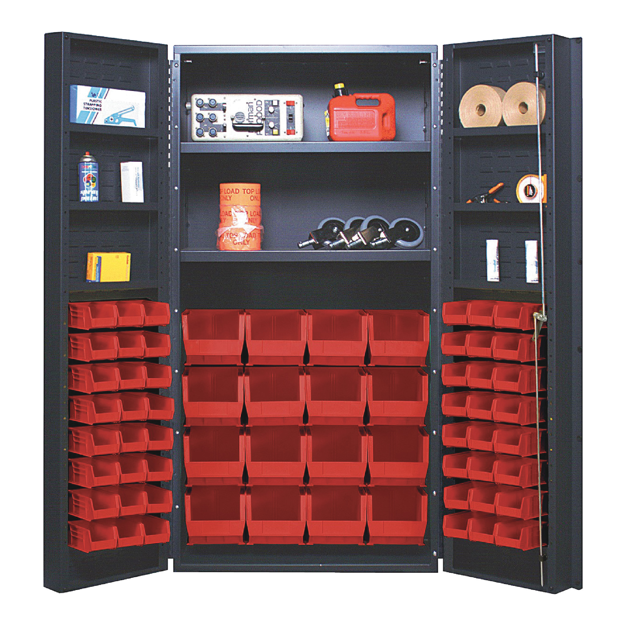 QUANTUM STORAGE SYSTEMS 36" Wide All Welded Floor Cabinet With 64 Red Bins