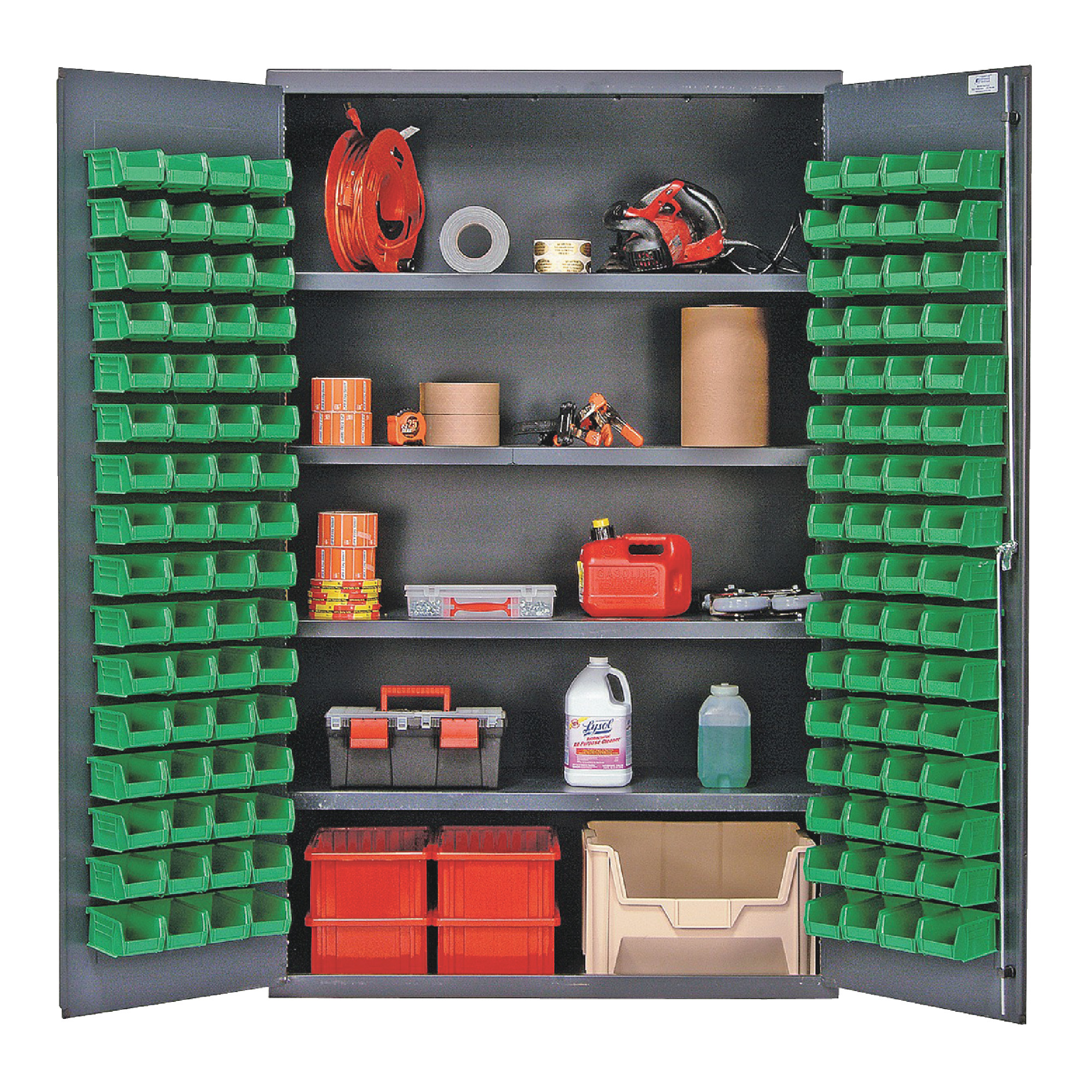 QUANTUM STORAGE SYSTEMS 48" Wide All Welded Floor Cabinet With 128 Green Bins