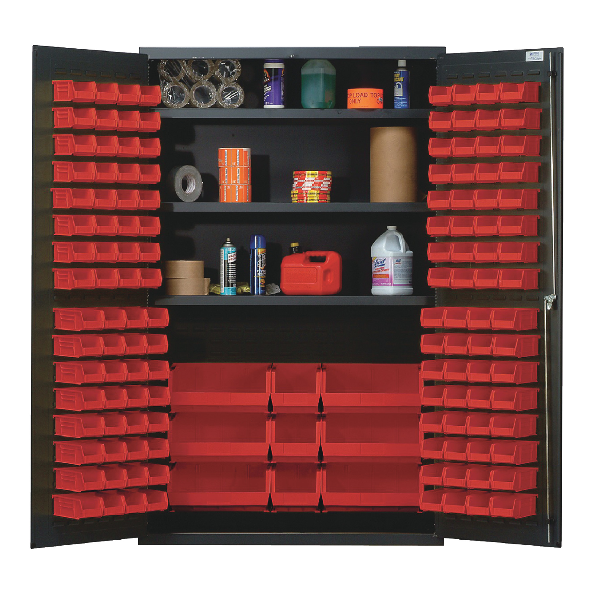 QUANTUM STORAGE SYSTEMS 48" Wide All Welded Floor Cabinet With 137 Red Bins