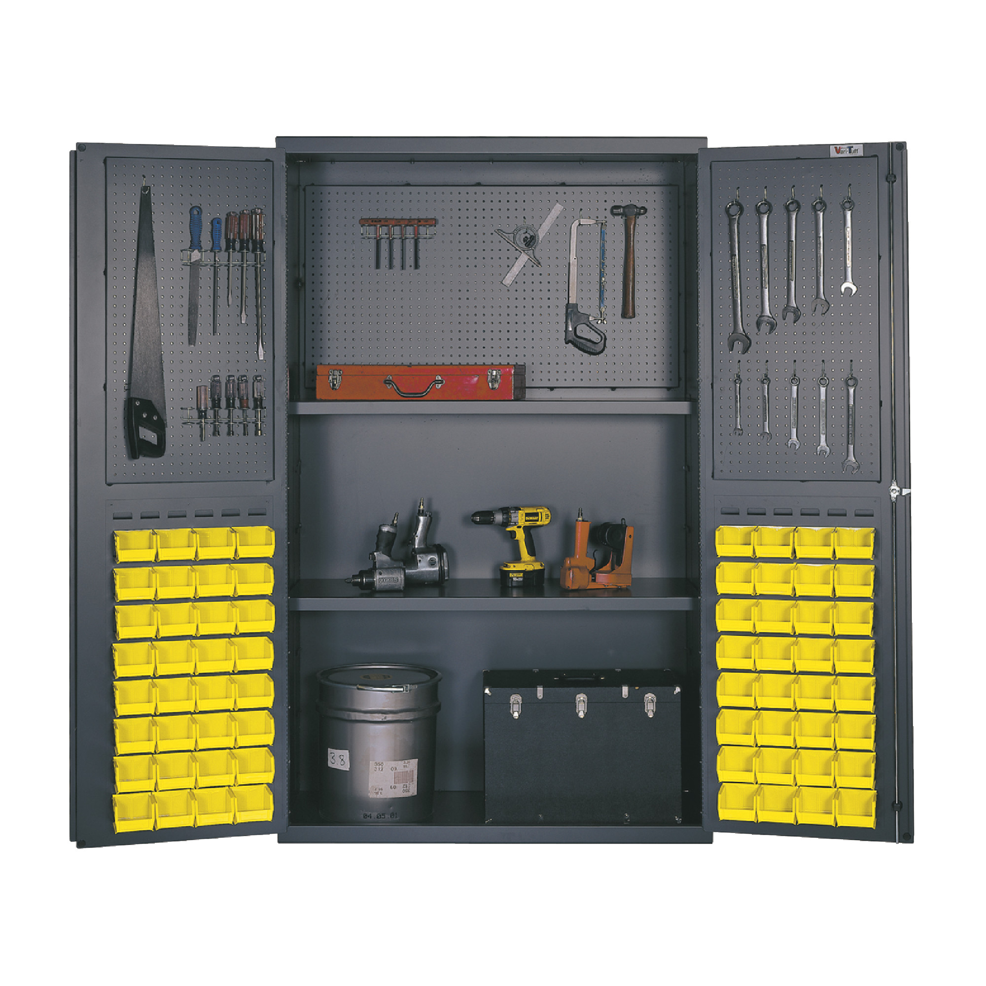 QUANTUM STORAGE SYSTEMS 48" Wide All Welded Steel Peg Floor Cabinet With 64 Yellow Bins